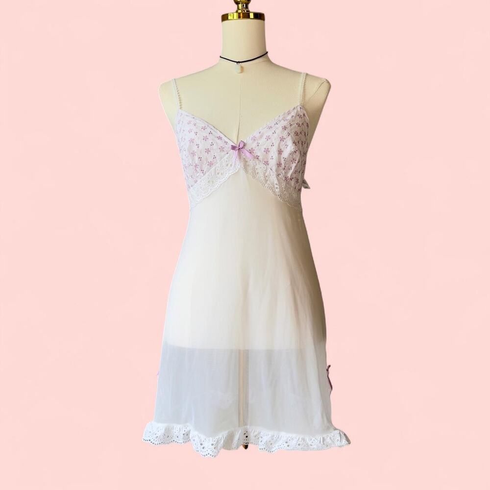 Y2K Delicates Babydoll Slip Dress Medium White Purple Floral Mesh Coquette VTG